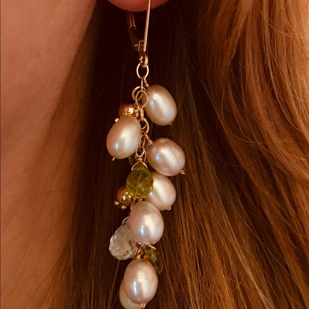14KT Yellow Gold Pearls & Gemstones Drop Earrings